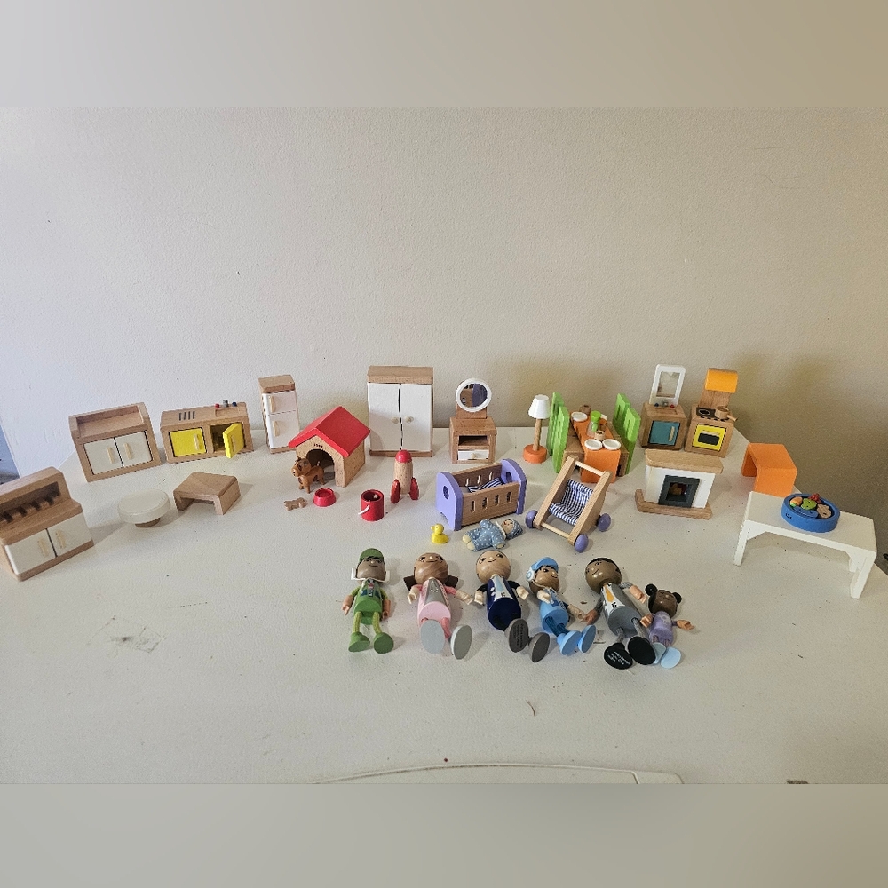 HAPE and Pottery Barn Wooden Dolls and Furniture Set